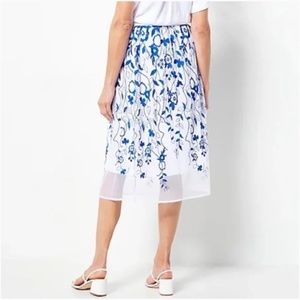 Susan Graver Regular Embroidered Mesh Fully Lined Skirt White & Blue